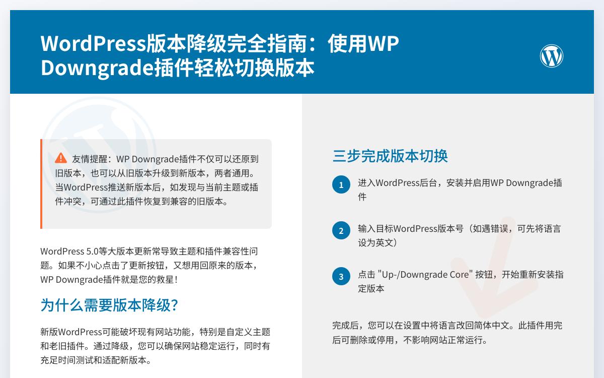 WordPress插件:WP Downgrade降级到旧版本或者升级到新版本技术教程主机格调 WordPress插件:WP Downgrade降级到旧版本或者升级到新版本技术教程主机格调