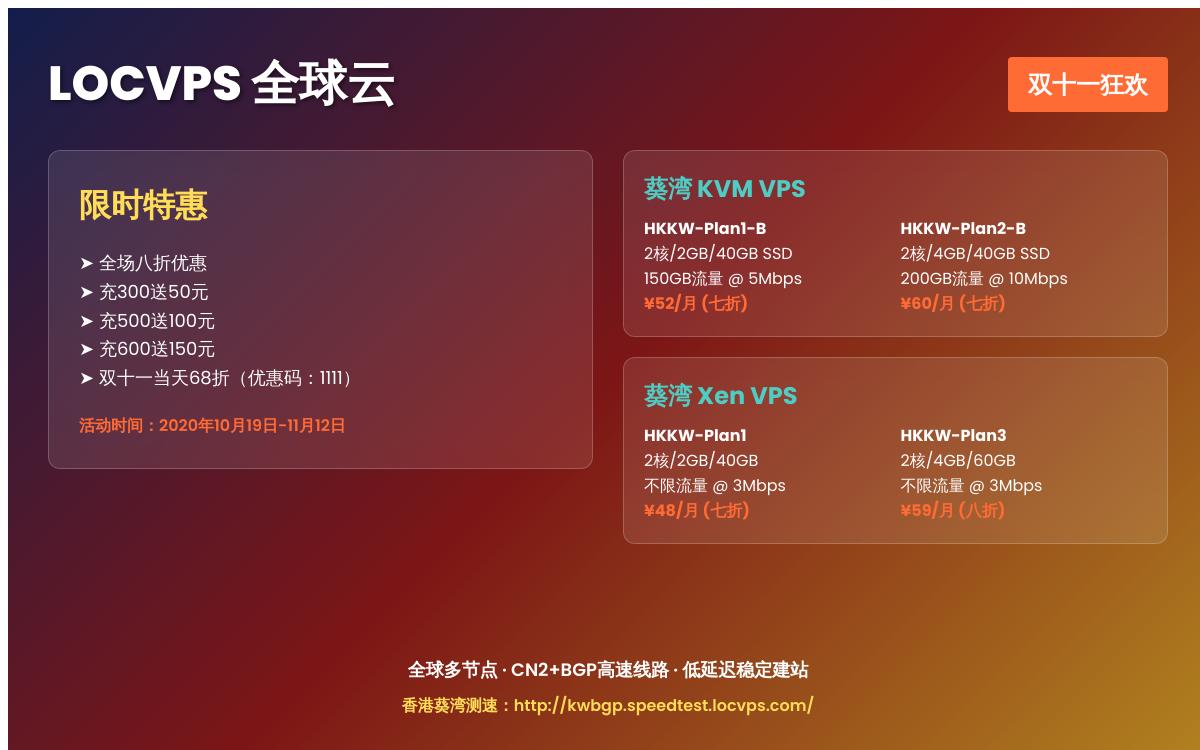 LOCVPS 全场八折优惠，双十一充300送50充500送100充600送150，双十一当天68折优惠促销主机格调