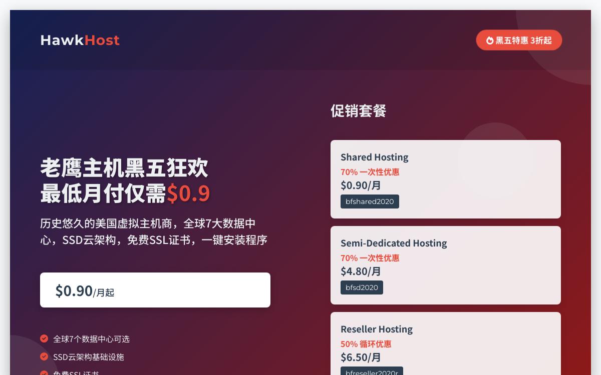 HawkHost美国香港新加坡虚拟主机3折起，月付最低0.9刀起优惠促销主机格调