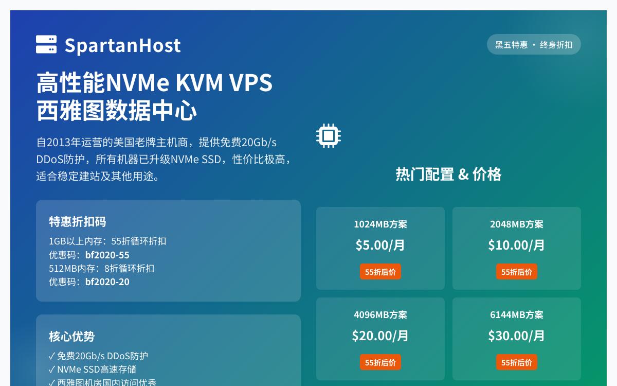 SpartanHost 黑五5折优惠 20Gbps西雅图高防512m内存10g硬盘1T流量月付2刀起优惠促销主机格调