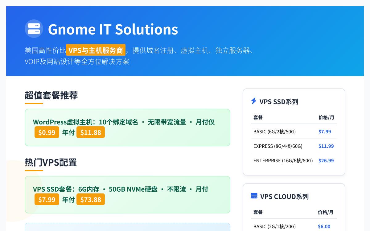 GnomeITSolutions 6G大内存50GNVME硬盘不限流VPS月付7.99刀；不限流不限容量虚拟主机月付0.99刀优惠促销主机格调