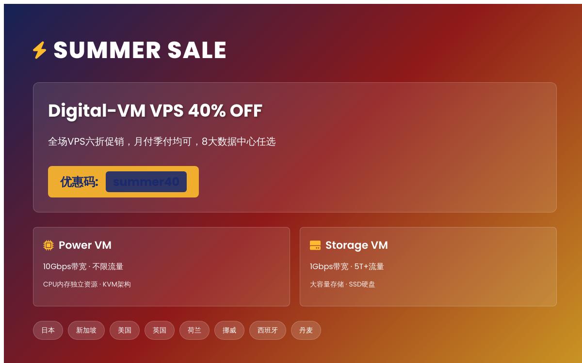 Digital-VM 全场VPS 6折促销,提供10Gbps大带宽VPS和1Gbps存储VPS优惠促销主机格调 Digital-VM 全场VPS 6折促销,提供10Gbps大带宽VPS和1Gbps存储VPS优惠促销主机格调