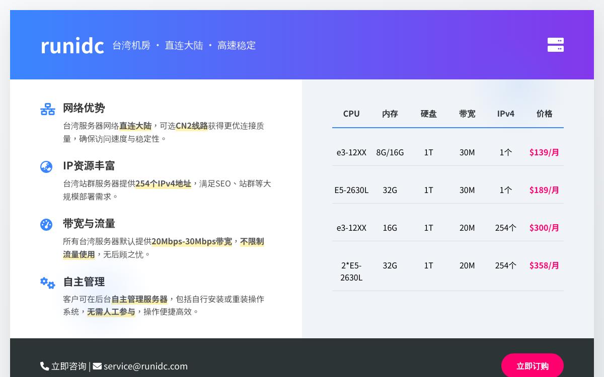 runidc 台湾不限制流量站群服务器，$159起/月，20M带宽直连大陆/可选CN2线路优惠促销主机格调