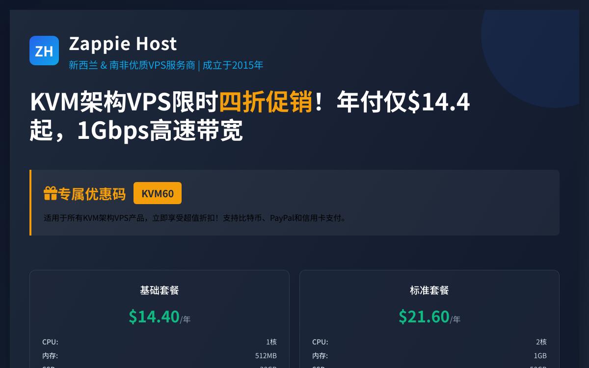 Zappie Host便宜KVM VPS四折促销,1Gbps带宽, 年付14.4美元起,可选新西兰和南非优惠促销主机格调 Zappie Host便宜KVM VPS四折促销,1Gbps带宽, 年付14.4美元起,可选新西兰和南非优惠促销主机格调