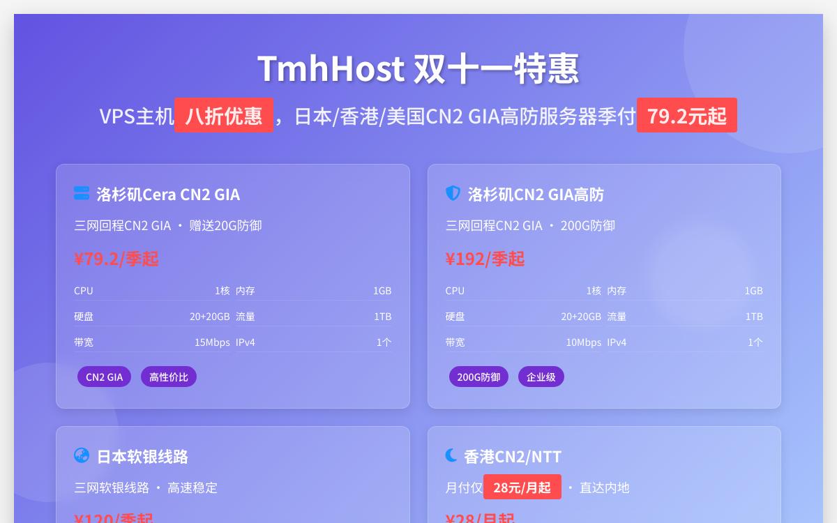 TmhHost双十一促销,日本/香港/美国CN2 GIA高防季付79.2元起;香港CN2/日本CN2月付28元起优惠促销主机格调 TmhHost双十一促销,日本/香港/美国CN2 GIA高防季付79.2元起;香港CN2/日本CN2月付28元起优惠促销主机格调