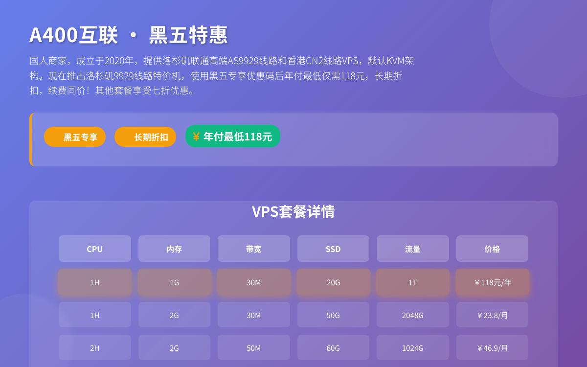 A400互联黑五洛杉矶9929 VPS,三网强制联通高端AS9929线路,年付118元起优惠促销主机格调 A400互联黑五洛杉矶9929 VPS,三网强制联通高端AS9929线路,年付118元起优惠促销主机格调