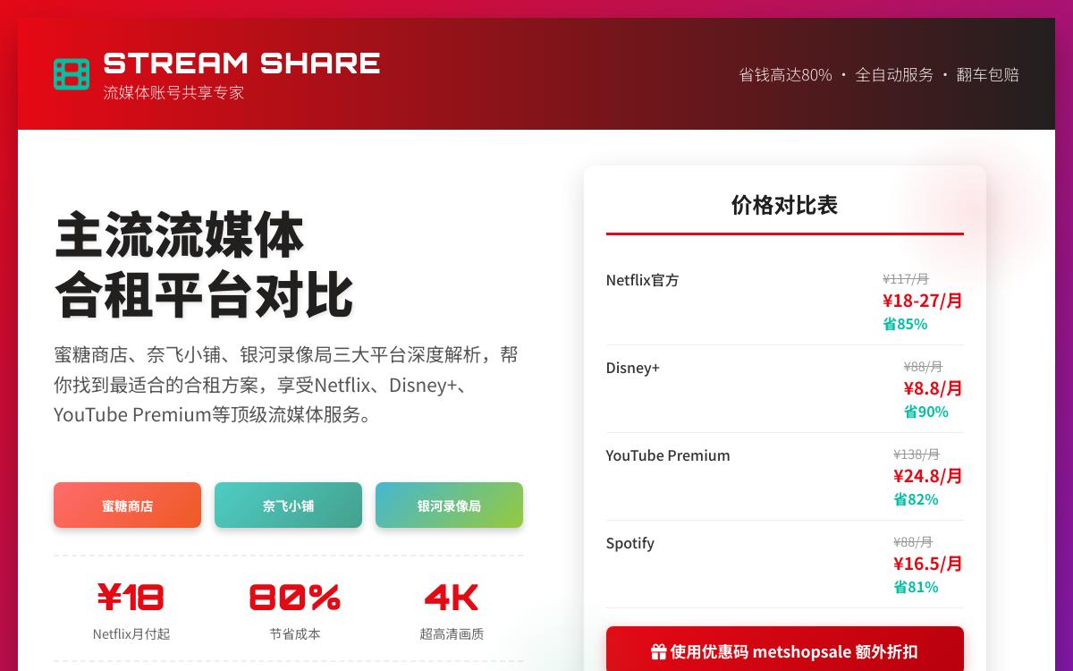 蜜糖商店 (Metshop):流媒体会员账号分享合租平台 (Netflix奈飞/YouTube油管/Disney+/Spotify/HBO) | 翻车必赔,实时客服技术教程主机格调 蜜糖商店 (Metshop):流媒体会员账号分享合租平台 (Netflix奈飞/YouTube油管/Disney+/Spotify/HBO) | 翻车必赔,实时客服技术教程主机格调