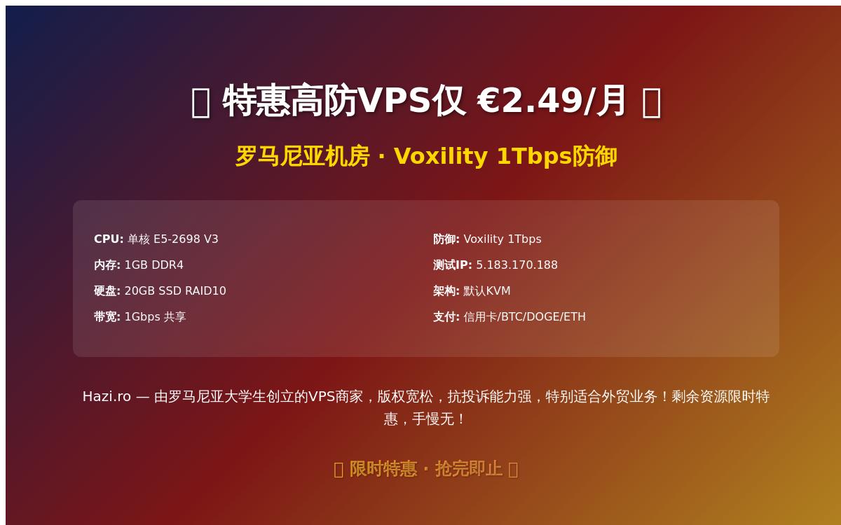 Hazi.ro罗马尼亚高防vps特惠，€2.49/月，G口/Voxility防御优惠促销主机格调