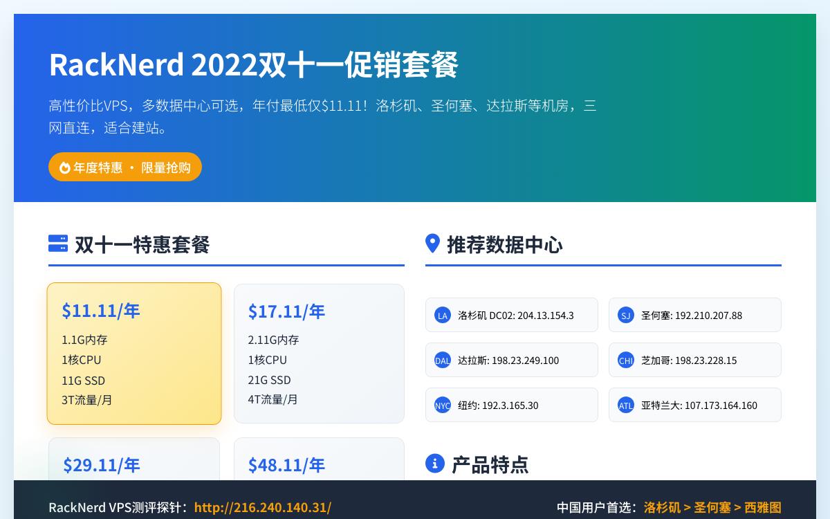 racknerd双十一促销美国VPS,$11.11起/年,1.11G内存/1核/11G SSD/3TB流量优惠促销主机格调 racknerd双十一促销美国VPS,$11.11起/年,1.11G内存/1核/11G SSD/3TB流量优惠促销主机格调