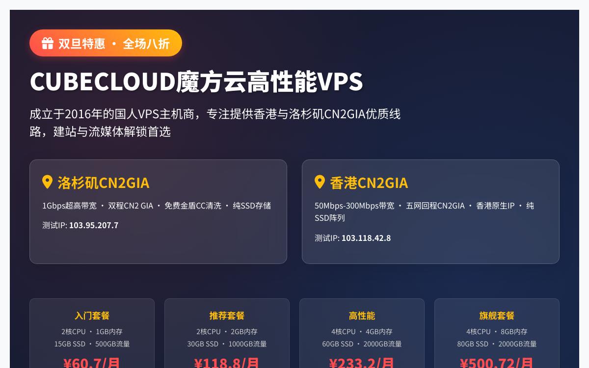 CUBECLOUD魔方云洛杉矶/香港CN2GIA线路八八折优惠,60.7元起/月,香港原生IP优惠促销主机格调 CUBECLOUD魔方云洛杉矶/香港CN2GIA线路八八折优惠,60.7元起/月,香港原生IP优惠促销主机格调