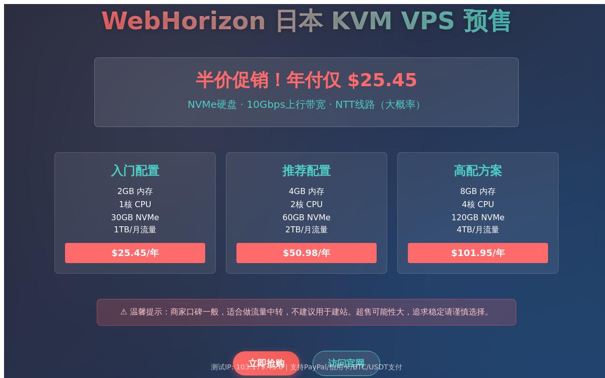 WebHorizon预售日本KVM VPS半价优惠,$25.45起/年,上行最高10Gbps带宽优惠促销主机格调 WebHorizon预售日本KVM VPS半价优惠,$25.45起/年,上行最高10Gbps带宽优惠促销主机格调