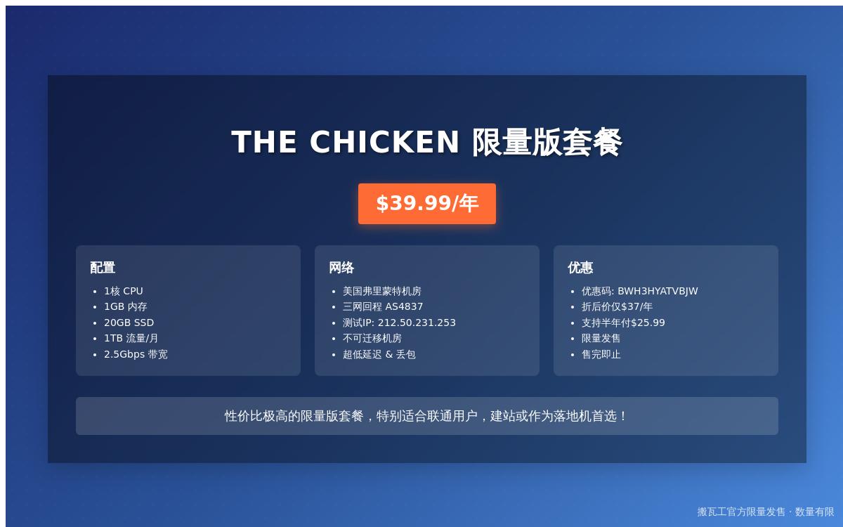 搬瓦工上线 THE CHICKEN 限量版套餐,$37/年,弗里蒙特 USCA_FMT8机房,三网回程联通AS4837线路优惠促销主机格调 搬瓦工上线 THE CHICKEN 限量版套餐,$37/年,弗里蒙特 USCA_FMT8机房,三网回程联通AS4837线路优惠促销主机格调