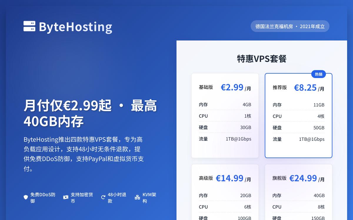 ByteHosting德国便宜VPS,€2.99起/月,4G/1C/1TB@1Gbps/30GB HDD优惠促销主机格调 ByteHosting德国便宜VPS,€2.99起/月,4G/1C/1TB@1Gbps/30GB HDD优惠促销主机格调