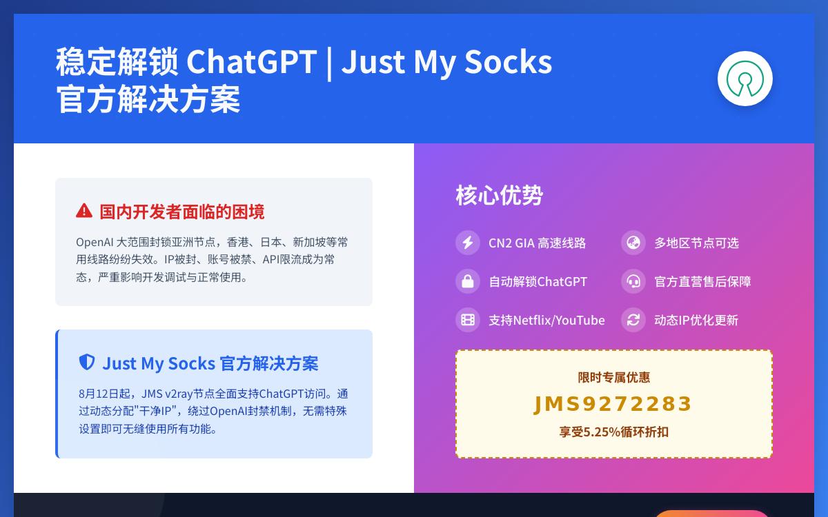 ChatGPT 封 IP 封账号如何解决?搬瓦工 Just My Socks(JMS)现已支持解锁访问技术教程、热门推荐主机格调 ChatGPT 封 IP 封账号如何解决?搬瓦工 Just My Socks(JMS)现已支持解锁访问技术教程、热门推荐主机格调