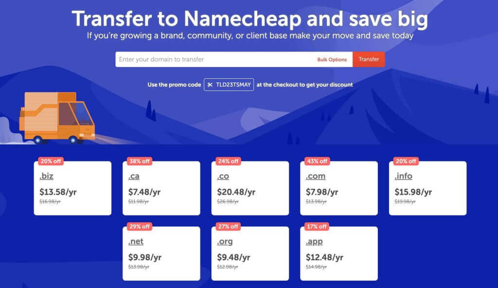 NameCheap域名转入优惠活动，.COM域名转入价格为$7.98，.NET域名转入为$9.98 美元，.ORG域名转入为$9.48 美元域名主机主机格调