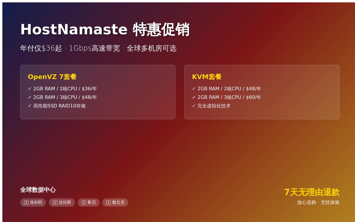 HostNamaste便宜KVM/OpenVZ 7架构VPS年付套餐,$36起/年,可选法国、美国和加拿大优惠促销主机格调 HostNamaste便宜KVM/OpenVZ 7架构VPS年付套餐,$36起/年,可选法国、美国和加拿大优惠促销主机格调