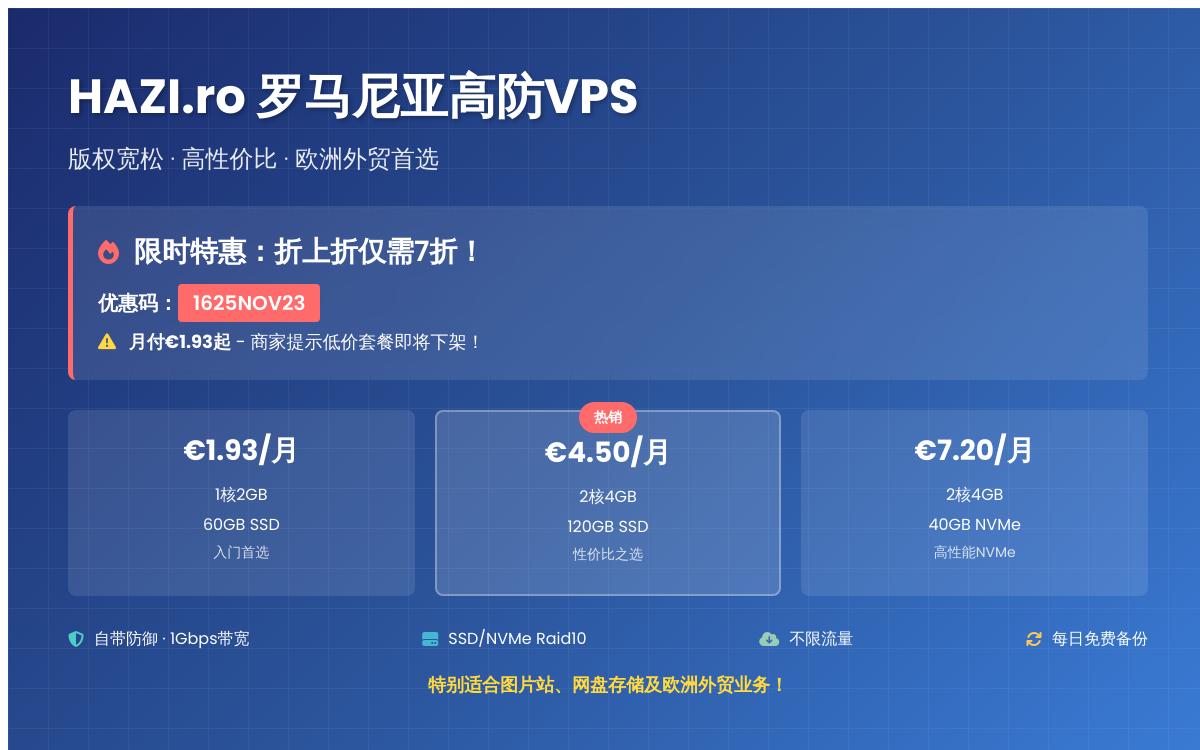HAZI.ro罗马尼亚高防VPS七折促销,€1.93起/月,不限制流量/抗投诉优惠促销主机格调 HAZI.ro罗马尼亚高防VPS七折促销,€1.93起/月,不限制流量/抗投诉优惠促销主机格调