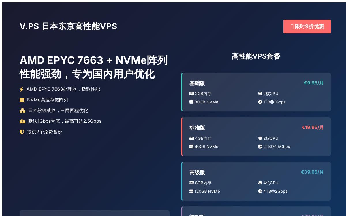 V.PS 新上日本高性能 VPS,€9.95起/月,AMD EPYC/三网日本软银线路/2个免费备份优惠促销主机格调 V.PS 新上日本高性能 VPS,€9.95起/月,AMD EPYC/三网日本软银线路/2个免费备份优惠促销主机格调
