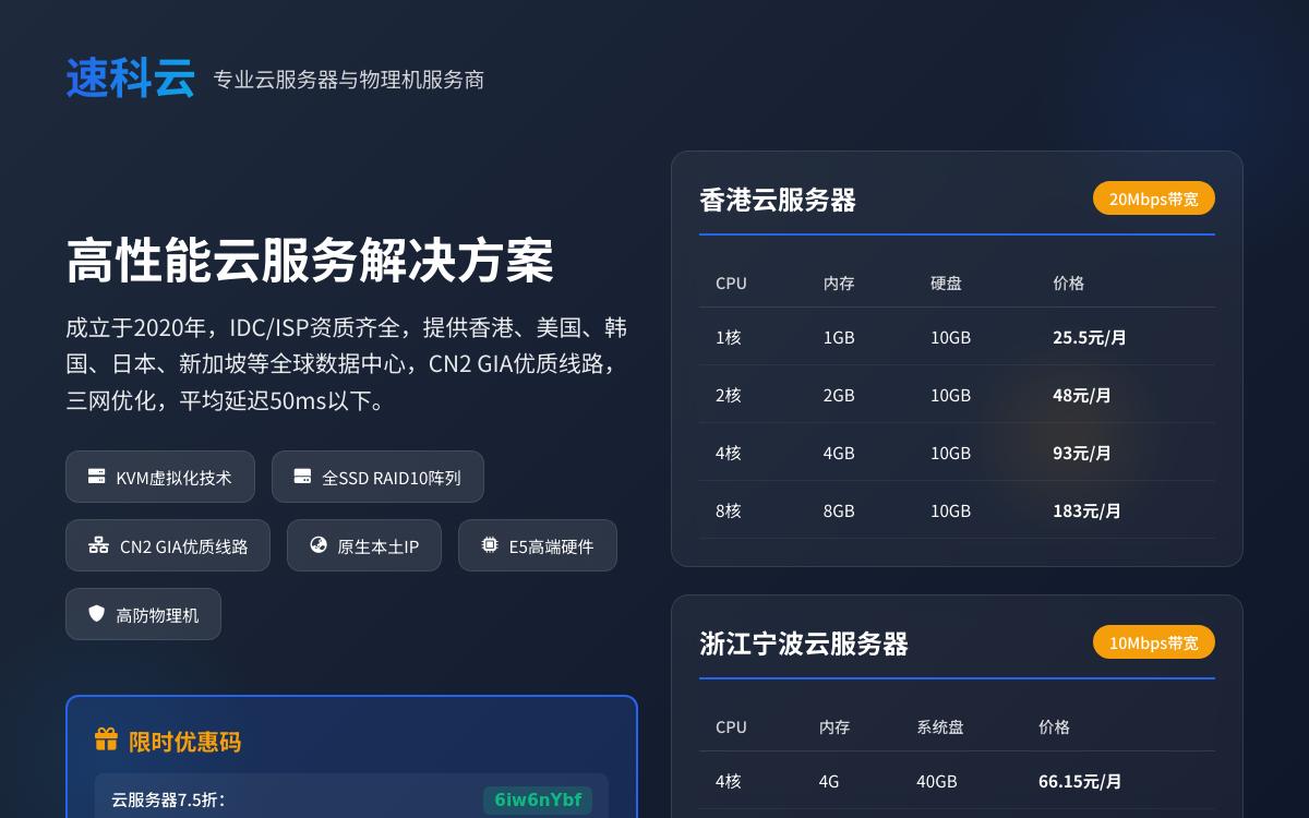 速科云香港 CN2 物理机,E5-2698 V3 / 20Mbps 三网 CN2/3个原生 IP,699元起/月;另有全场 VPS 7折优惠优惠促销主机格调 速科云香港 CN2 物理机,E5-2698 V3 / 20Mbps 三网 CN2/3个原生 IP,699元起/月;另有全场 VPS 7折优惠优惠促销主机格调