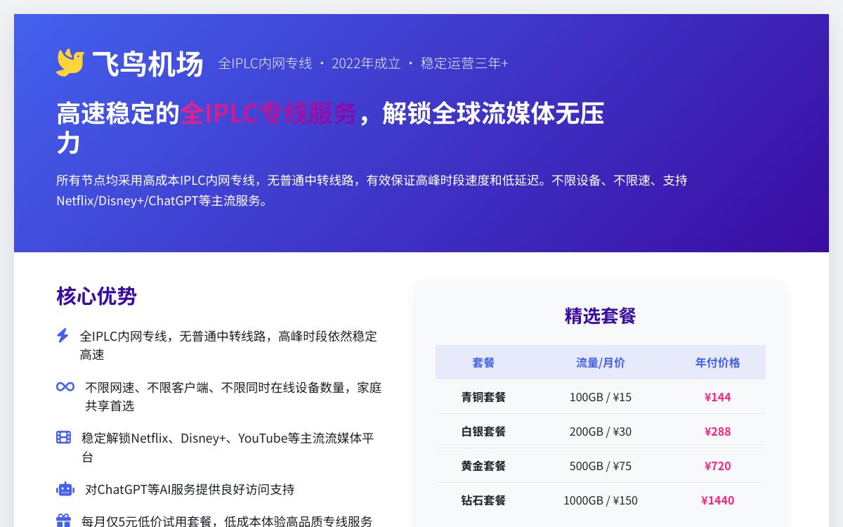 2026年高性价比稳定便宜ssr/v2ray机场推荐:飞鸟机场 FlyingBird,稳定全IPLC专线/解锁奈飞油管和访问ChatGPT黑科技主机格调 2026年高性价比稳定便宜ssr/v2ray机场推荐:飞鸟机场 FlyingBird,稳定全IPLC专线/解锁奈飞油管和访问ChatGPT黑科技主机格调