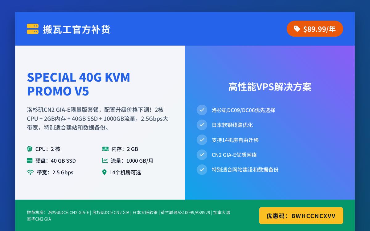 搬瓦工高配美国洛杉矶 CN2GIA-E 限量版套餐补货,$83.8/年,2.5Gbps带宽/建站配置/可选14个机房优惠促销主机格调 搬瓦工高配美国洛杉矶 CN2GIA-E 限量版套餐补货,$83.8/年,2.5Gbps带宽/建站配置/可选14个机房优惠促销主机格调