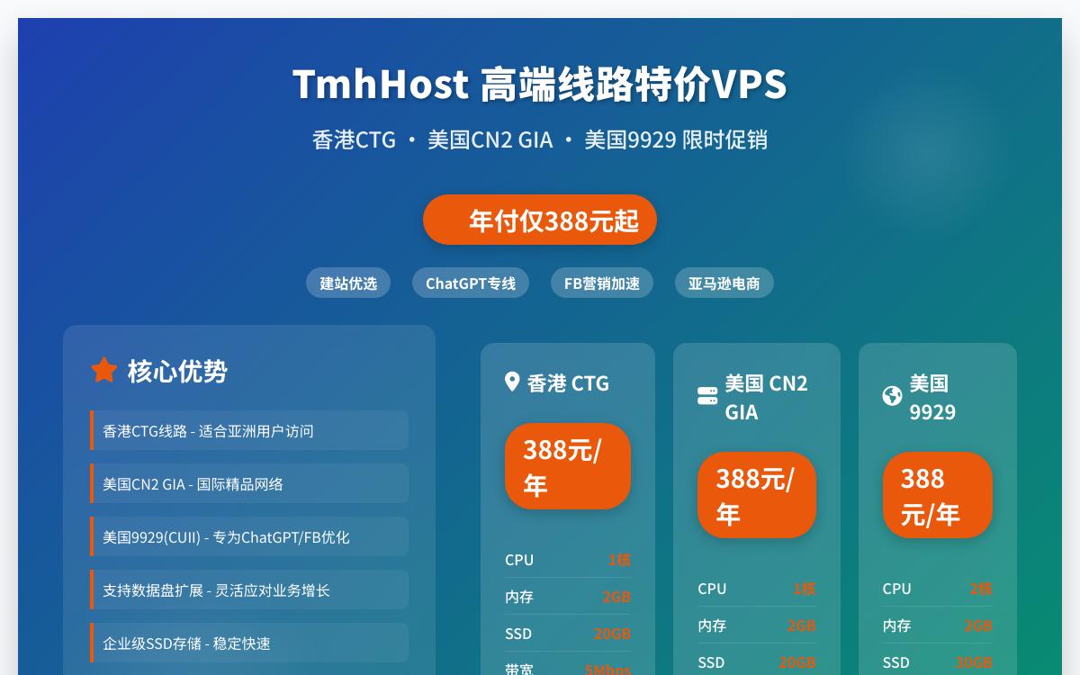 TmhHost 香港 CTG /美国 CN2 GIA /美国 9929 限时特惠随心选,388元/年起优惠促销主机格调 TmhHost 香港 CTG /美国 CN2 GIA /美国 9929 限时特惠随心选,388元/年起优惠促销主机格调