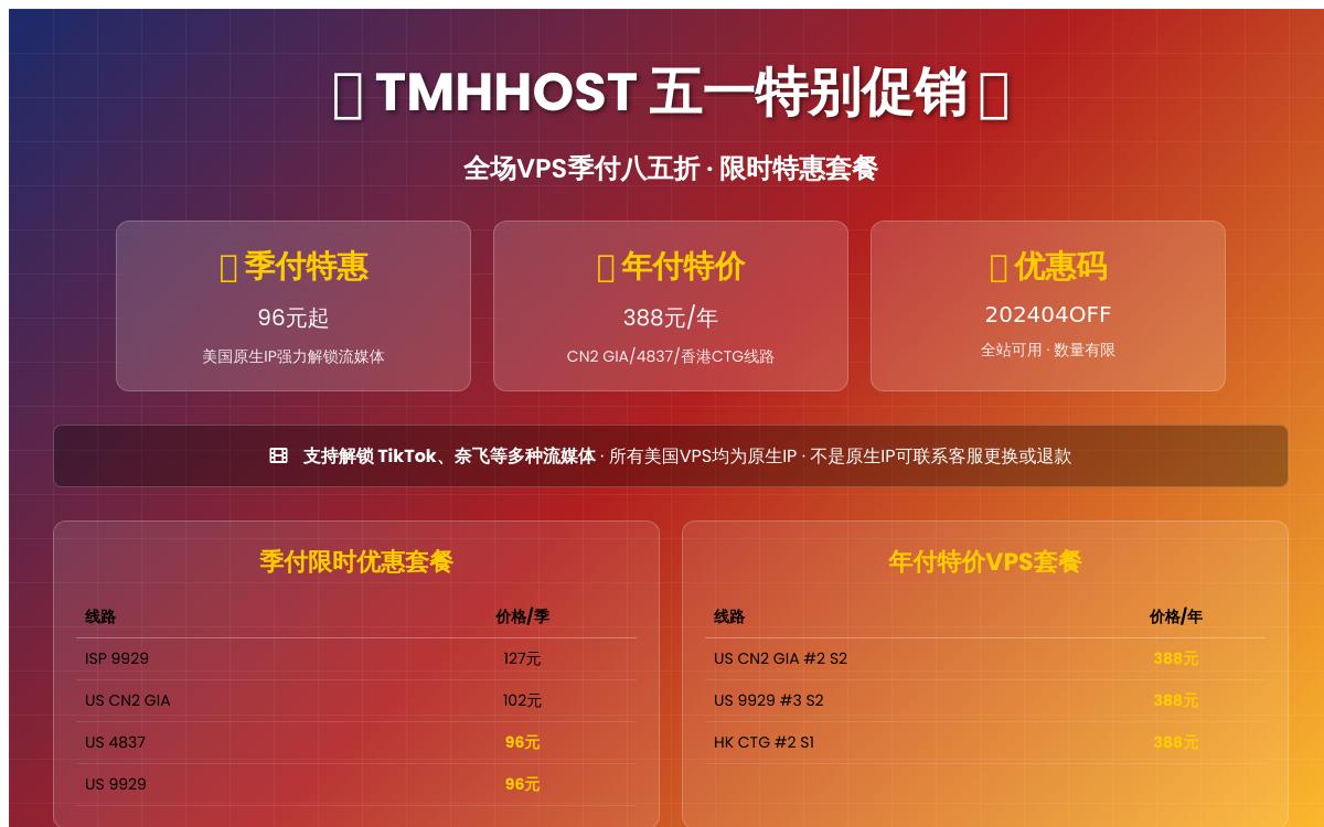 TMHHOST美国原生IP VPS,96元/季;美国双ISP家宽IP VPS,127元/季;香港CTG线路 VPS,388元/年优惠促销主机格调 TMHHOST美国原生IP VPS,96元/季;美国双ISP家宽IP VPS,127元/季;香港CTG线路 VPS,388元/年优惠促销主机格调