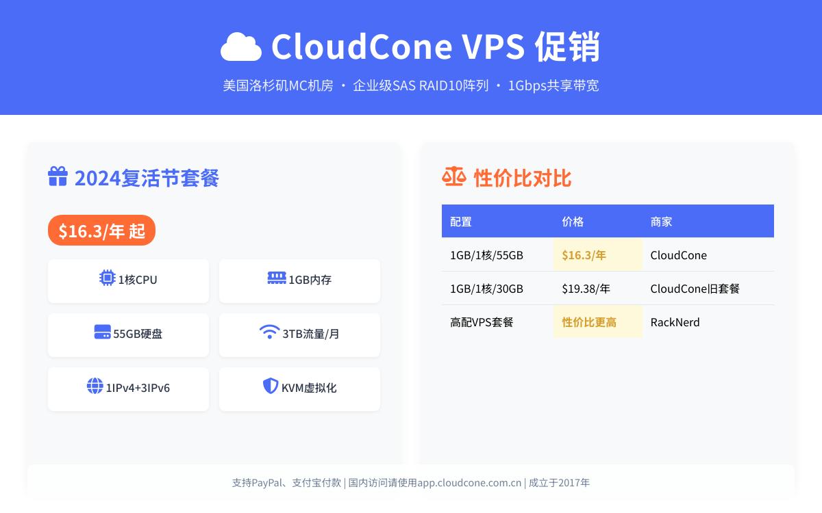 cloudcone 复活节美国便宜 VPS,$16.3/年,美国洛杉矶 MC 机房/1 个 IPv4+3 个 IPv6优惠促销主机格调 cloudcone 复活节美国便宜 VPS,$16.3/年,美国洛杉矶 MC 机房/1 个 IPv4+3 个 IPv6优惠促销主机格调