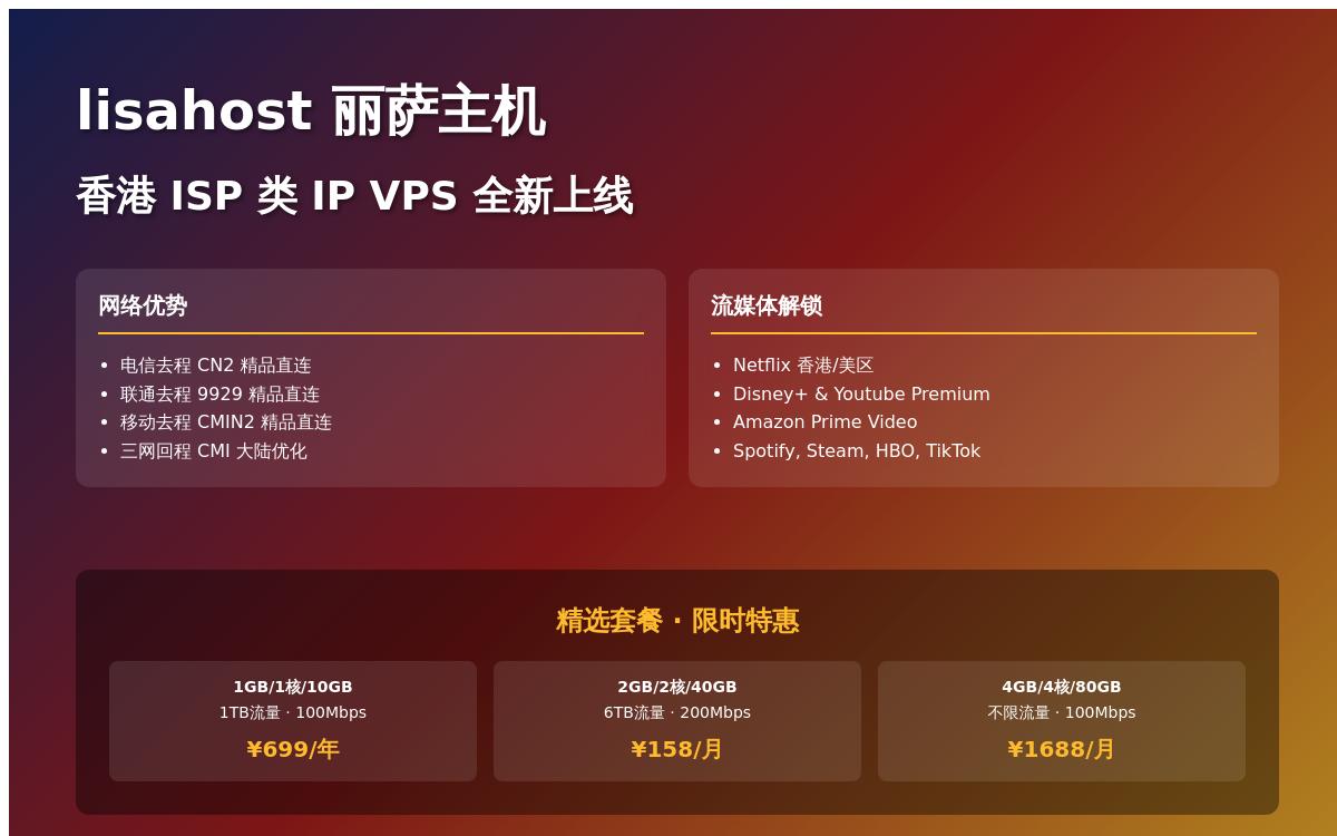 丽萨主机香港 ISP 类 IP VPS,香港原生 IP /三网强制香港 CMI 网络 / 解锁奈飞、迪士尼和TikTok直播美区等流媒体,699元起/年优惠促销主机格调 丽萨主机香港 ISP 类 IP VPS,香港原生 IP /三网强制香港 CMI 网络 / 解锁奈飞、迪士尼和TikTok直播美区等流媒体,699元起/年优惠促销主机格调