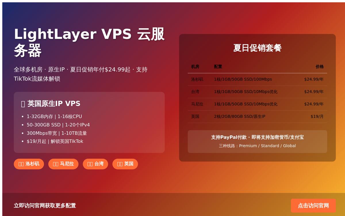 lightlayer新增英国原生 IP VPS,$19起/月,可选英国原生/双ISP住宅IP,解锁英国tiktok奈飞流媒体优惠促销主机格调 lightlayer新增英国原生 IP VPS,$19起/月,可选英国原生/双ISP住宅IP,解锁英国tiktok奈飞流媒体优惠促销主机格调