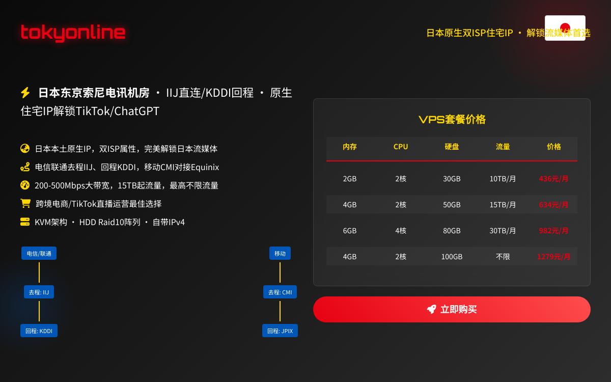 tokyonline独家日本双ISP住宅IP VPS,436元起/月,最低月流量15TB以上最高不限制流量/解锁日本几乎全部流媒体优惠促销主机格调 tokyonline独家日本双ISP住宅IP VPS,436元起/月,最低月流量15TB以上最高不限制流量/解锁日本几乎全部流媒体优惠促销主机格调