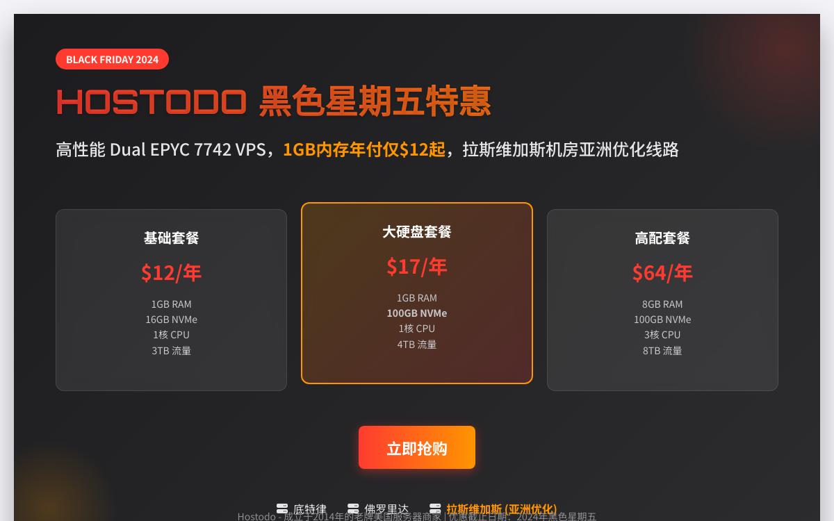 Hostodo黑五美国便宜VPS,$12起/年,Dual EPYC 7742+NVMe/美国底特律、佛罗里达和拉斯维加斯机房/Dual EPYC 7742+NVMe硬盘优惠促销主机格调 Hostodo黑五美国便宜VPS,$12起/年,Dual EPYC 7742+NVMe/美国底特律、佛罗里达和拉斯维加斯机房/Dual EPYC 7742+NVMe硬盘优惠促销主机格调