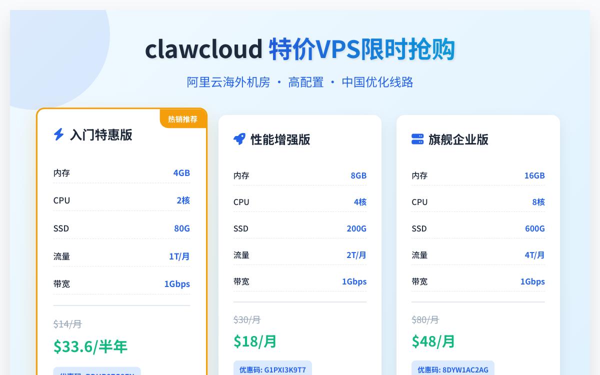 clawcloud阿里云特价独享VPS,1Gbps带宽/阿里云海外机房线路可选香港新加坡,$33.6起/半年优惠促销主机格调 clawcloud阿里云特价独享VPS,1Gbps带宽/阿里云海外机房线路可选香港新加坡,$33.6起/半年优惠促销主机格调