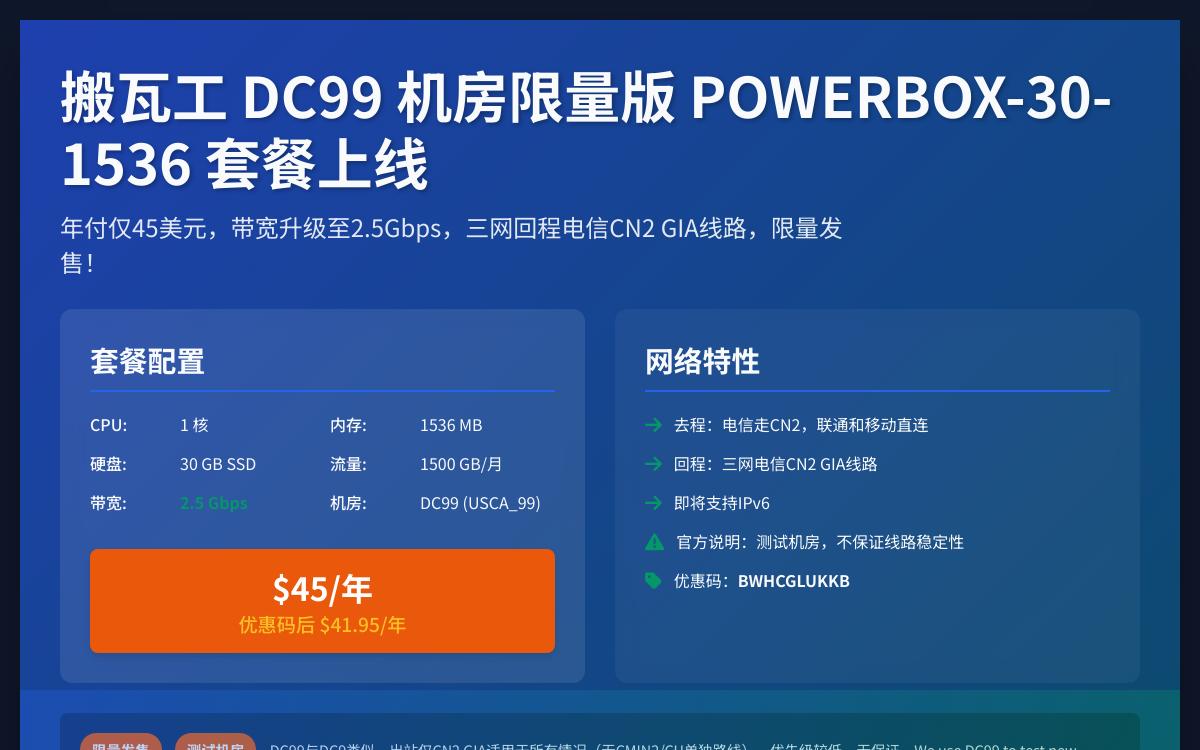 搬瓦工新增美国洛杉矶DC99限量版套餐,2.5Gbps带宽/三网回程 CN2 GIA 线路,年付45美元优惠促销主机格调 搬瓦工新增美国洛杉矶DC99限量版套餐,2.5Gbps带宽/三网回程 CN2 GIA 线路,年付45美元优惠促销主机格调