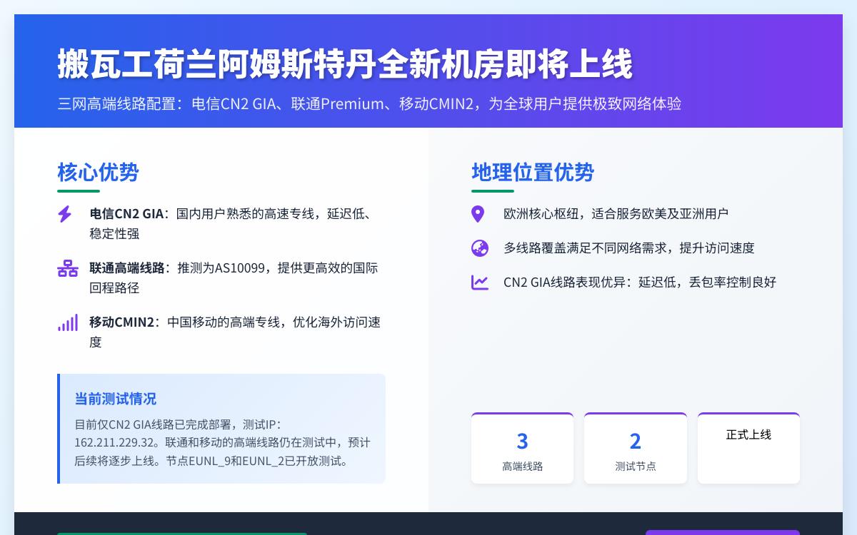 搬瓦工荷兰阿姆斯特丹新机房回程 CN2 GIA 线路抢先体验,未来部署电信 CN2GIA、联通高端线路(推测为AS10099)以及移动CMIN2三网高端回程线路优惠促销主机格调 搬瓦工荷兰阿姆斯特丹新机房回程 CN2 GIA 线路抢先体验,未来部署电信 CN2GIA、联通高端线路(推测为AS10099)以及移动CMIN2三网高端回程线路优惠促销主机格调