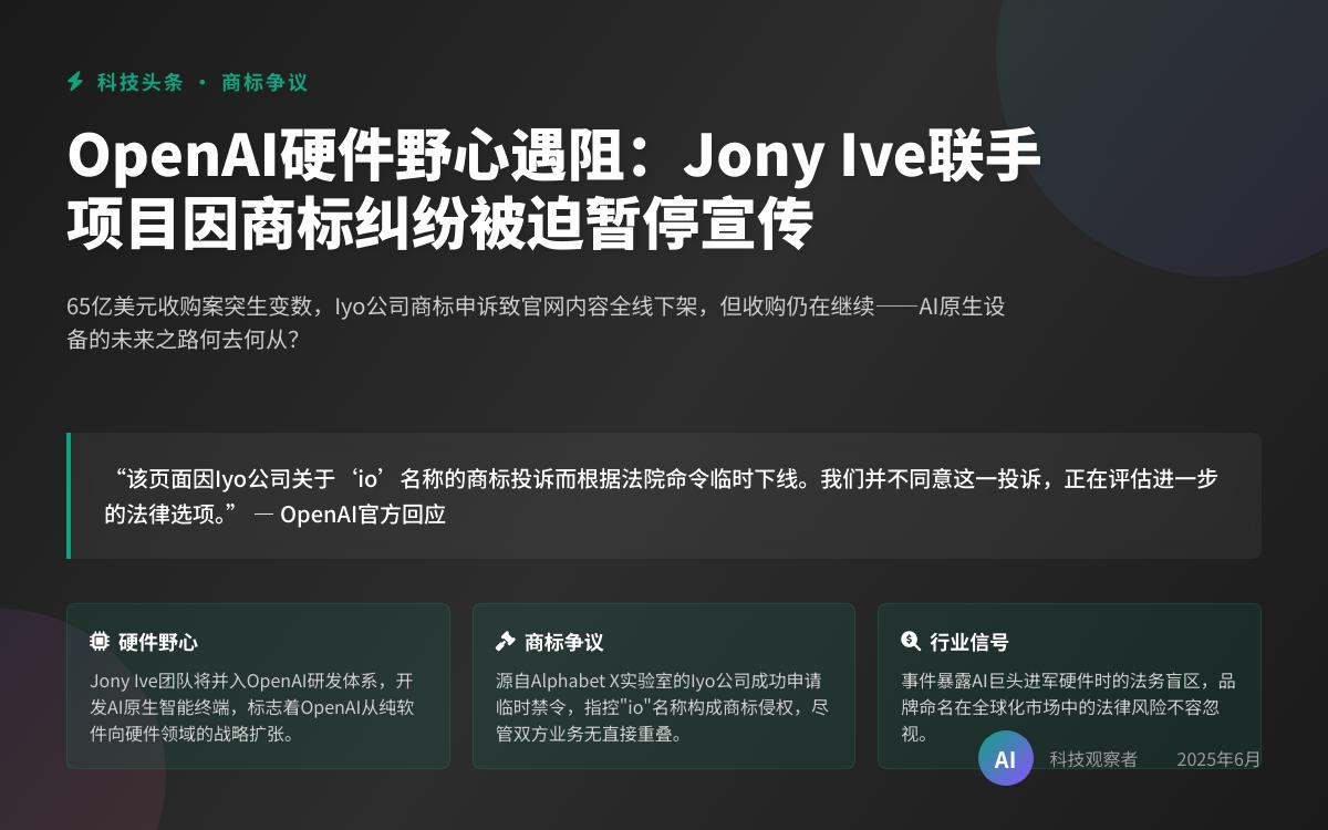 OpenAI收购Jony Ive硬件团队后突然撤下相关内容,背后涉及“io”商标纠纷?AI快讯主机格调 OpenAI收购Jony Ive硬件团队后突然撤下相关内容,背后涉及“io”商标纠纷?AI快讯主机格调