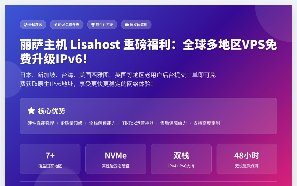 丽萨主机 Lisahost 双ISP住宅原生IP提供免费原生IPv6,附住宅IP/9929/4837/CMI线路套餐整理优惠促销主机格调 丽萨主机 Lisahost 双ISP住宅原生IP提供免费原生IPv6,附住宅IP/9929/4837/CMI线路套餐整理优惠促销主机格调