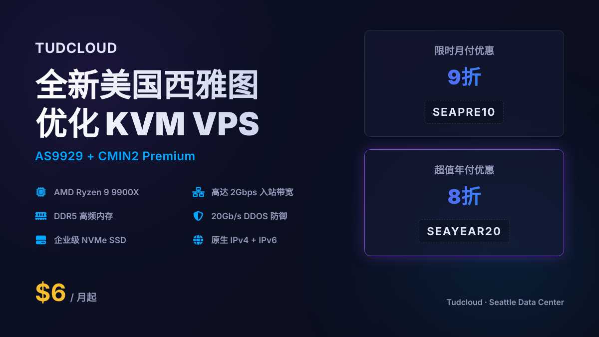 Tudcloud新上美国西雅图9929+CMIN2优化VPS月付9折年付8折,高性能硬件/联通9929 + 移动CMIN2双线优化,$5.4/月优惠促销主机格调 Tudcloud新上美国西雅图9929+CMIN2优化VPS月付9折年付8折,高性能硬件/联通9929 + 移动CMIN2双线优化,$5.4/月优惠促销主机格调