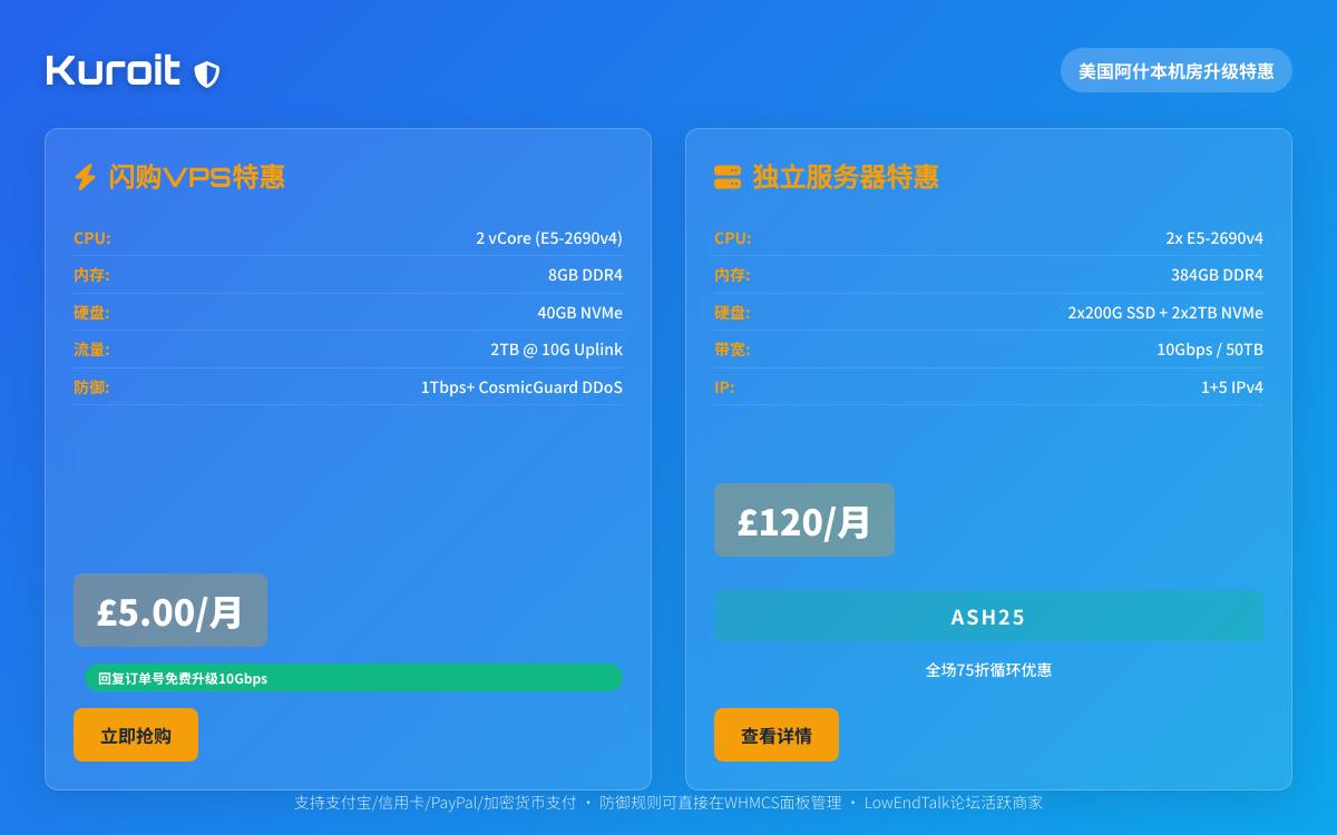 Kuroit美国阿什本机房七五折,8GB内存闪购高防VPS月付£5起,CosmicGuard 1Tbps+高防/10Gbps大带宽优惠促销主机格调 Kuroit美国阿什本机房七五折,8GB内存闪购高防VPS月付£5起,CosmicGuard 1Tbps+高防/10Gbps大带宽优惠促销主机格调