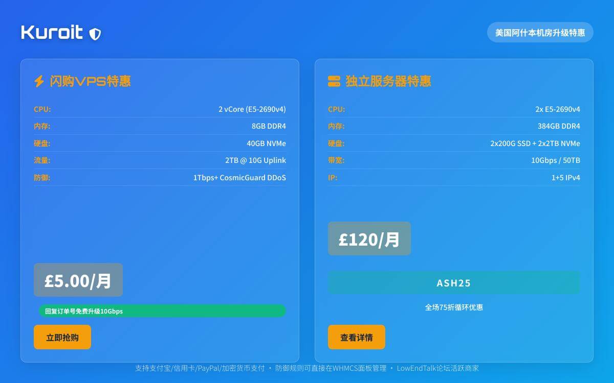 Kuroit美国阿什本机房七五折,8GB内存闪购高防VPS月付£5起,CosmicGuard 1Tbps+高防/10Gbps大带宽优惠促销主机格调 Kuroit美国阿什本机房七五折,8GB内存闪购高防VPS月付£5起,CosmicGuard 1Tbps+高防/10Gbps大带宽优惠促销主机格调