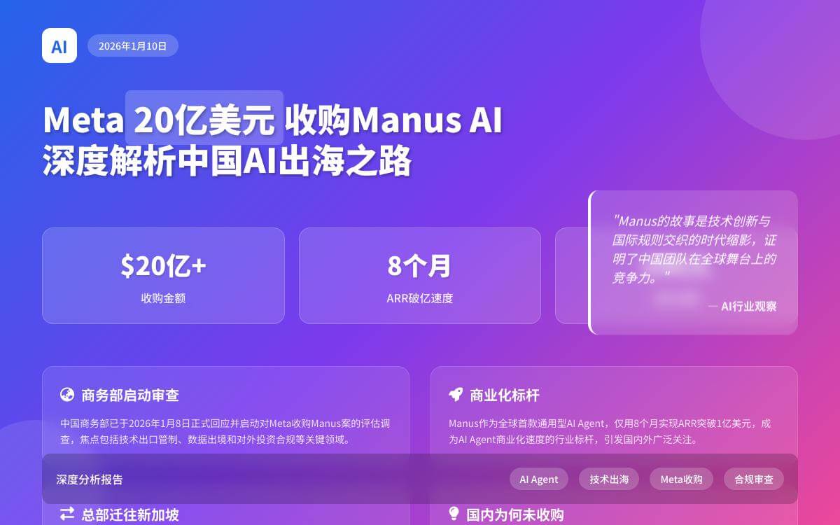 Manus AI 被 Meta 以 20 亿美元收购案从爆火到审查,国内大厂为何未出手?AI快讯主机格调 Manus AI 被 Meta 以 20 亿美元收购案从爆火到审查,国内大厂为何未出手?AI快讯主机格调