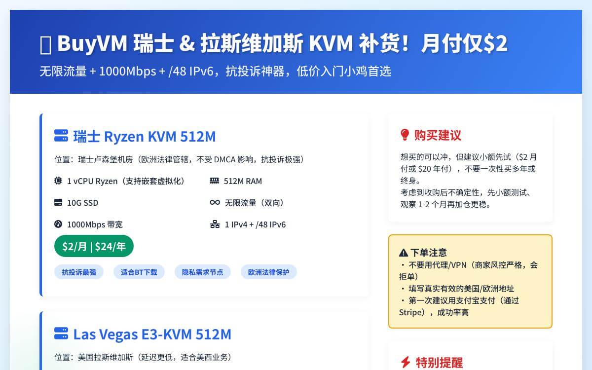 BuyVM瑞士和拉斯维加斯Ryzen KVM VPS补货,不限制流量/1Gbps带宽/支持BGP/抗DMCA神器,$2/月优惠促销主机格调 BuyVM瑞士和拉斯维加斯Ryzen KVM VPS补货,不限制流量/1Gbps带宽/支持BGP/抗DMCA神器,$2/月优惠促销主机格调