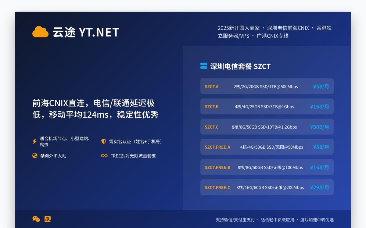 云途深圳电信 VPS,前海CNIX直连/电信和联通低延迟,2核2G/500Mbps/1TB,¥58起/月,适合中转优惠促销主机格调 云途深圳电信 VPS,前海CNIX直连/电信和联通低延迟,2核2G/500Mbps/1TB,¥58起/月,适合中转优惠促销主机格调
