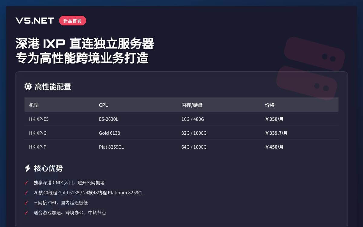 V5.NET 新增深港 IXP 独立服务器,独享深港 CNIX 直连/1Gbps大带宽/适合跨境+中转,¥350起/月优惠促销主机格调 V5.NET 新增深港 IXP 独立服务器,独享深港 CNIX 直连/1Gbps大带宽/适合跨境+中转,¥350起/月优惠促销主机格调