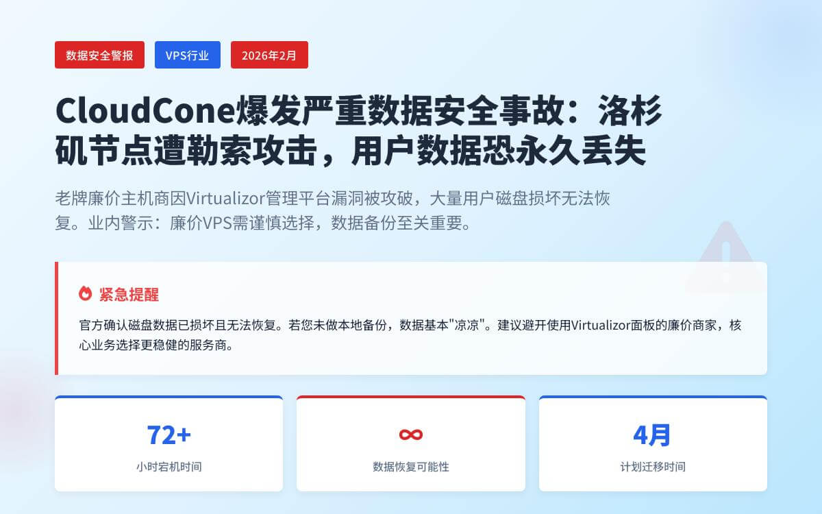 CloudCone 美国洛杉矶机房 VPS 数据凉凉,Virtualizor 安全性堪忧,任何廉价VPS都强制异地备份优惠促销主机格调 CloudCone 美国洛杉矶机房 VPS 数据凉凉,Virtualizor 安全性堪忧,任何廉价VPS都强制异地备份优惠促销主机格调