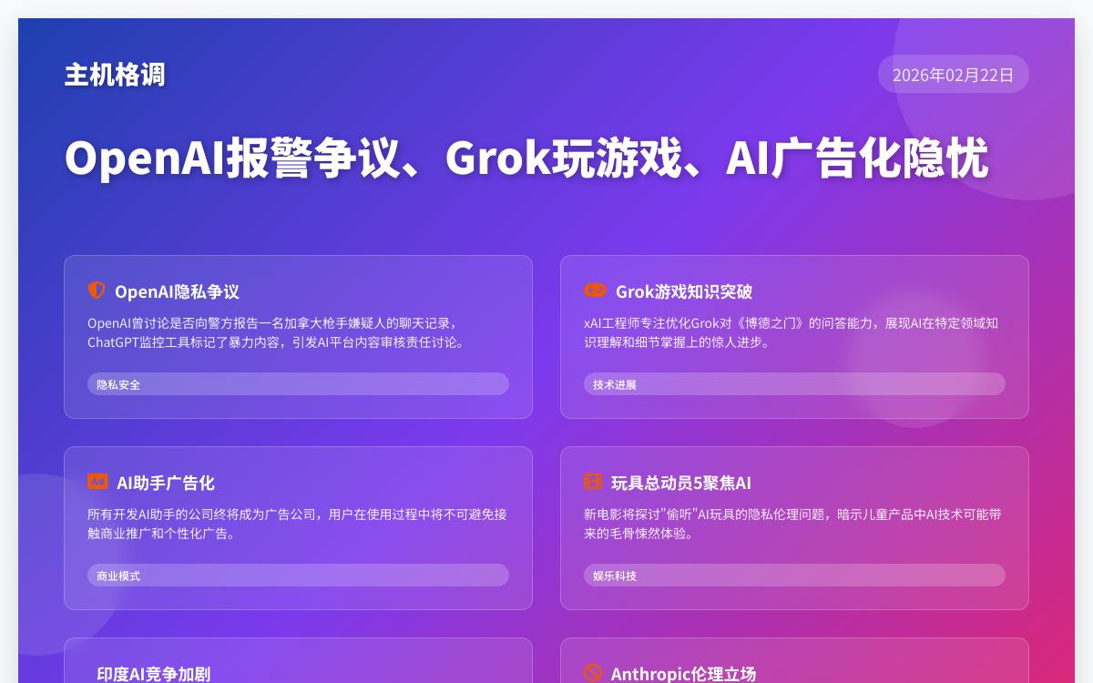 主机格调AI日报(26.02.21)：OpenAI报警争议、Grok玩游戏、AI广告化隐忧AI快讯主机格调