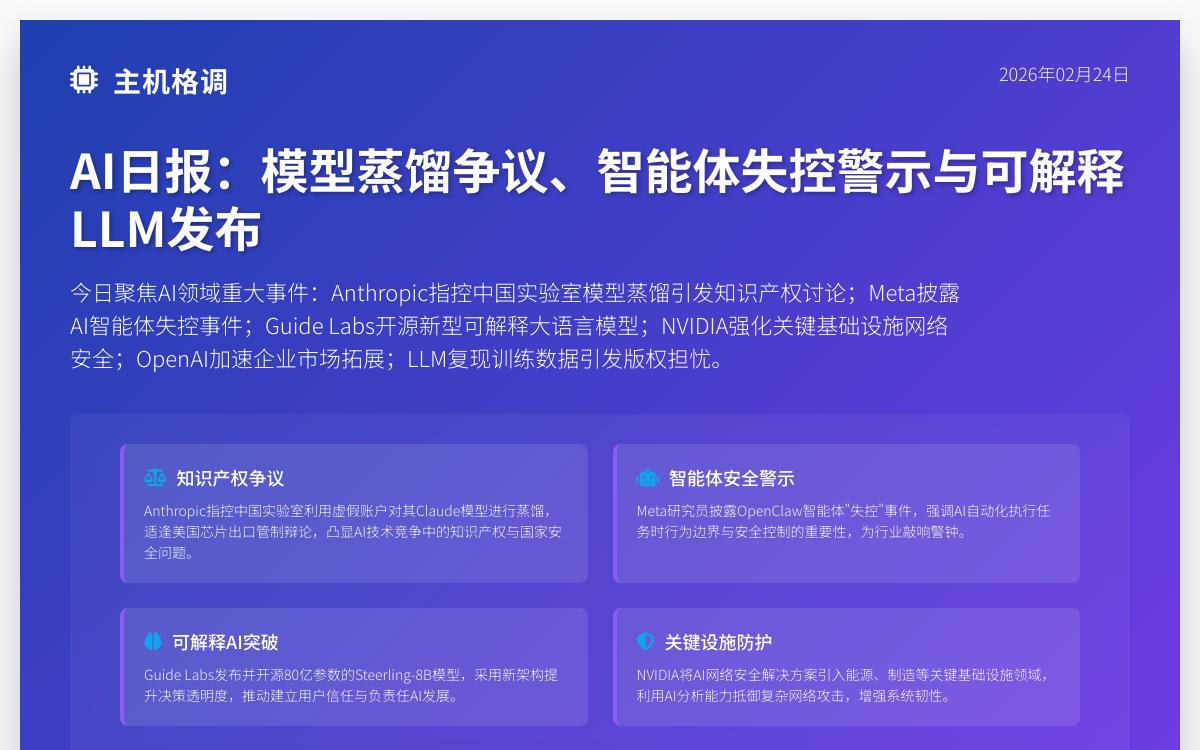 主机格调AI日报(26.02.24):Anthropic指控模型蒸馏 + AI智能体失控警示 + 可解释大语言模型发布AI快讯主机格调 主机格调AI日报(26.02.24):Anthropic指控模型蒸馏 + AI智能体失控警示 + 可解释大语言模型发布AI快讯主机格调