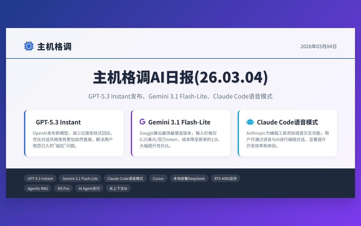 主机格调AI日报(26.03.04)：Gemini 3.1 Flash-Lite 新模型、Claude破难题、Cursor破20亿AI快讯主机格调