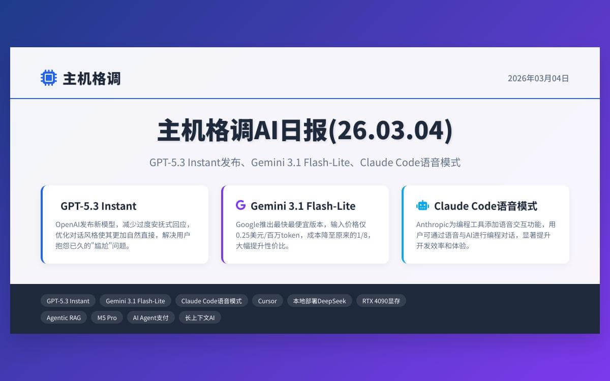 主机格调AI日报(26.03.04):Gemini 3.1 Flash-Lite 新模型、Claude破难题、Cursor破20亿AI快讯主机格调 主机格调AI日报(26.03.04):Gemini 3.1 Flash-Lite 新模型、Claude破难题、Cursor破20亿AI快讯主机格调