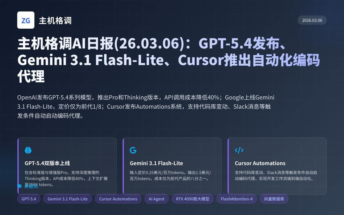 主机格调AI日报(26.03.06):GPT-5.4发布、Gemini 3.1 Flash-Lite、Cursor推出自动化编码代理AI快讯主机格调 主机格调AI日报(26.03.06):GPT-5.4发布、Gemini 3.1 Flash-Lite、Cursor推出自动化编码代理AI快讯主机格调